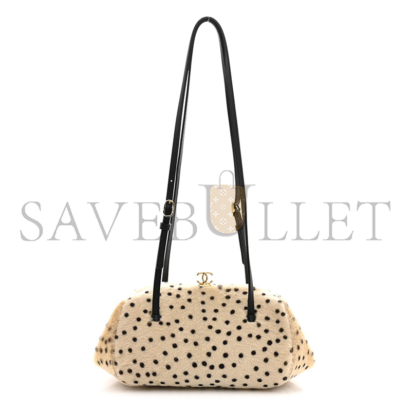 Ch**el MASTER PONY HAIR CHEETAH PRINT PRETTY CC CLUTCH WITH STRAP LIGHT BEIGE BLACK (29*15*13cm)